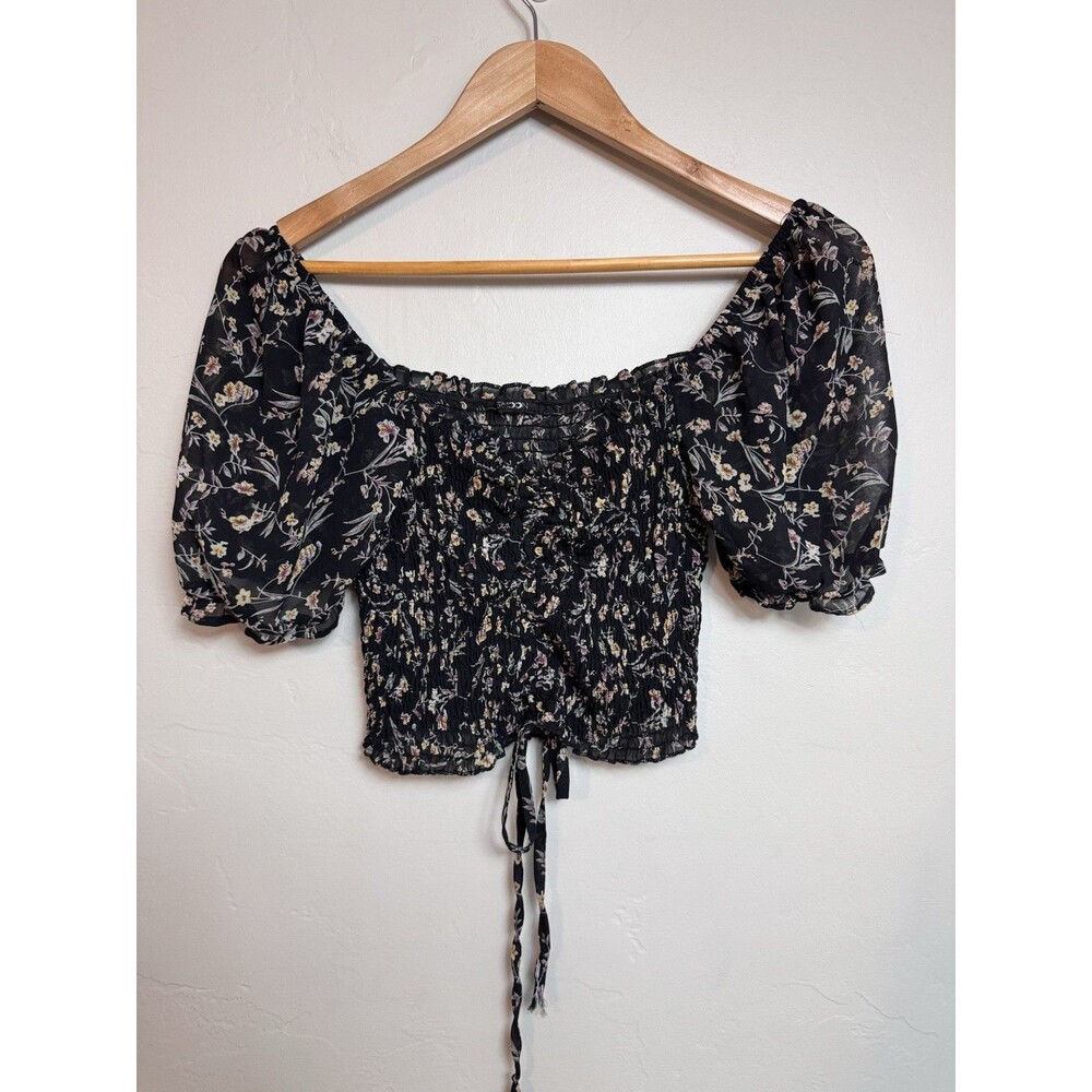 Papermoon Women's L Top Black Floral Smocked Sheer Romantic Coquette Cottagecore